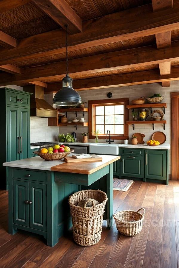 Natural Elegance with Deep Green Cabinets