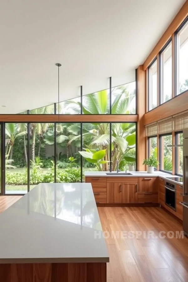 Natural Wood and Green Accents in Open Floor Kitchen