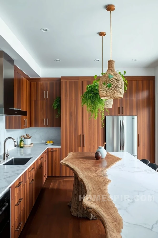 Nature-Inspired Kitchen with Eclectic Pendant Lights