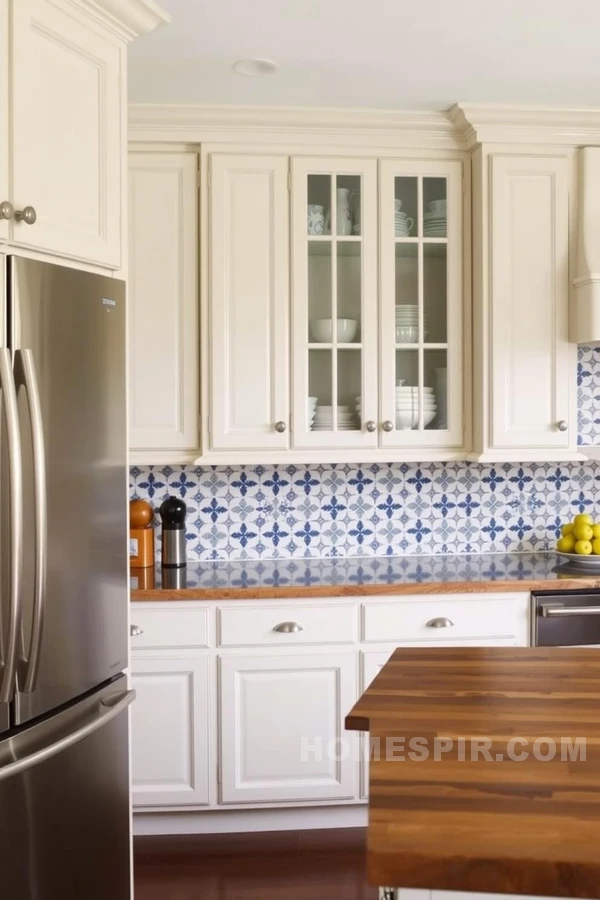 Navy and White Patterned Tiles in Kitchen