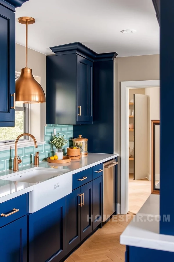 Navy Kitchen Design with Copper Accents