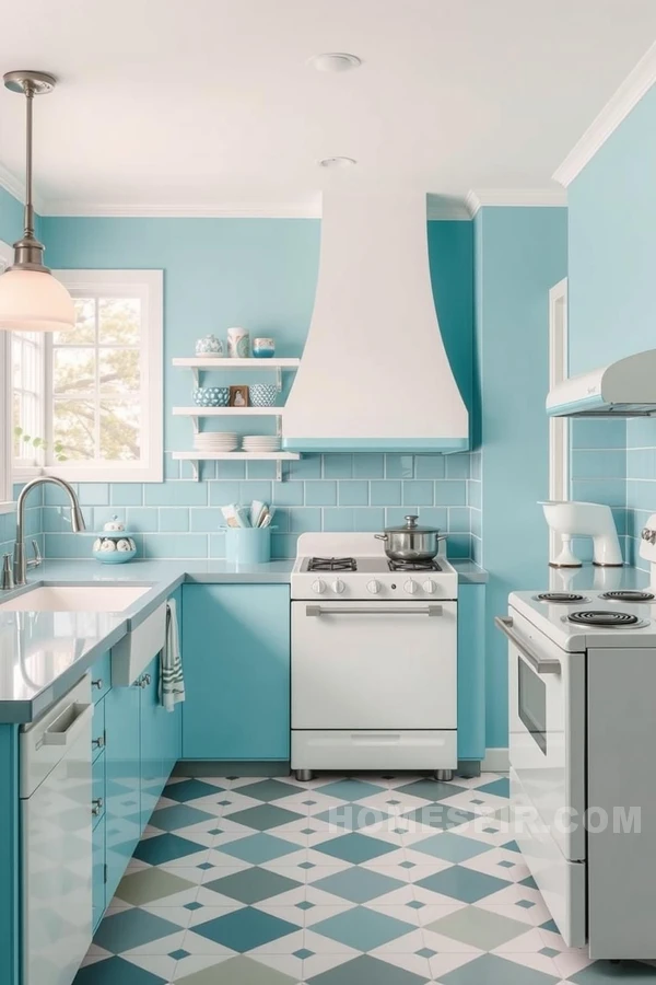 Nostalgic Aqua Kitchen with Chrome Accents