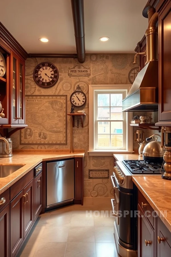 Old World Maps and Clock Decor Kitchen