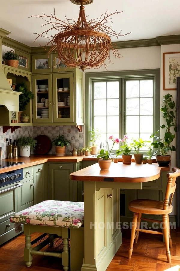 Olive Green Cabinets in Garden-Inspired Victorian Kitchen