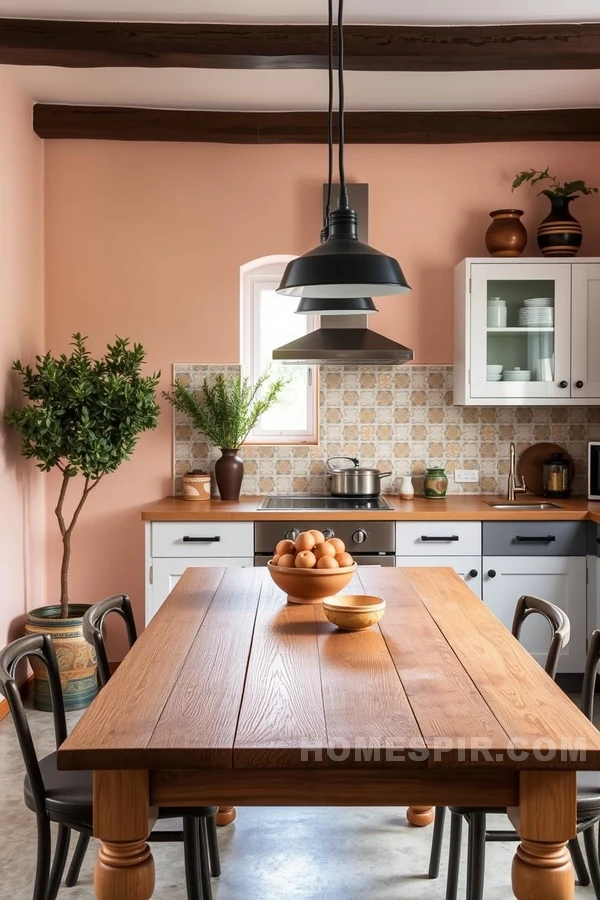 Olive Trees and Pottery in Vintage Mediterranean Kitchen