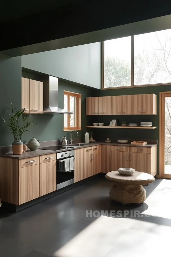 Open Airy Zen Kitchen with Forest Green Elements