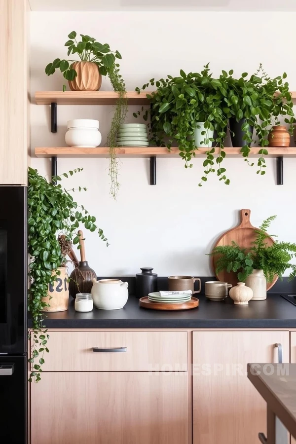 Open Shelves Lush Greenery in Scandinavian Kitchen