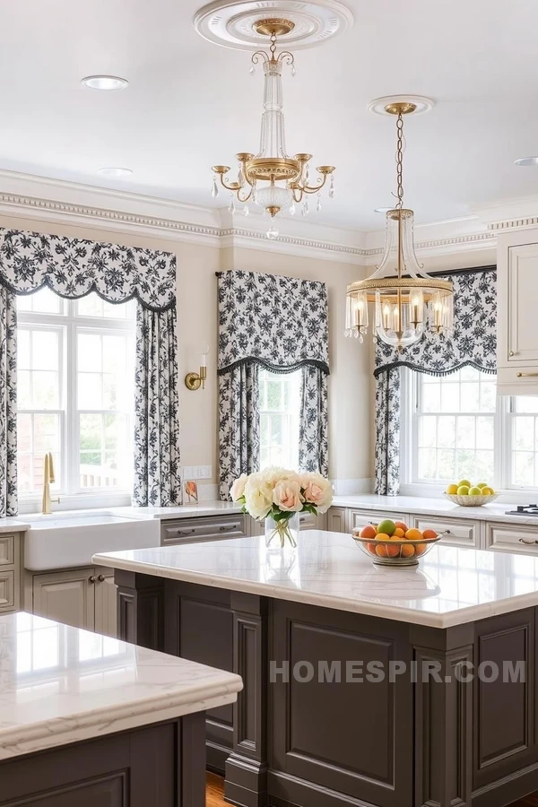 Ornate Cornices and Playful Curtains Kitchen