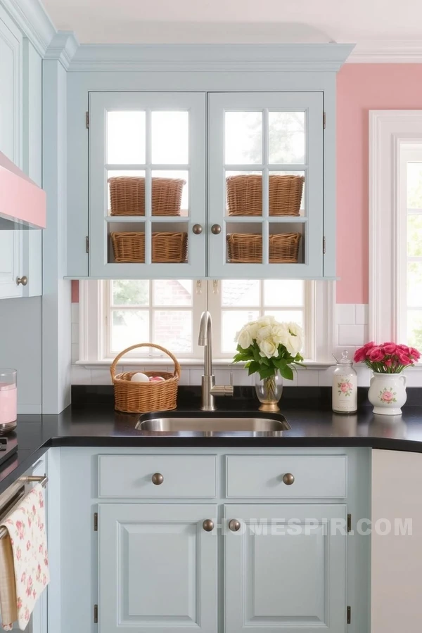 Pale Blue Cabinets and Floral Patterns