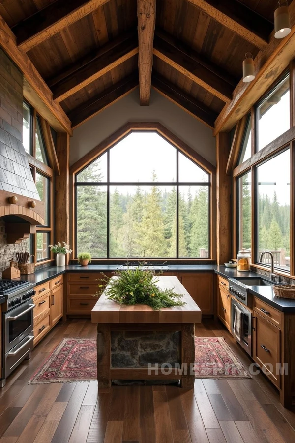 Panoramic Forest Views In Rustic Kitchen Design