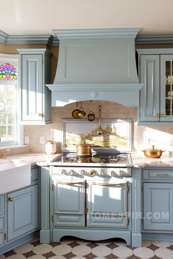 Pastel Blue Victorian Kitchen with Marble Counters