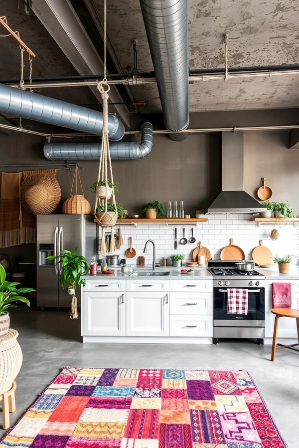 Patchwork Rug Adds Warmth to Industrial Kitchen