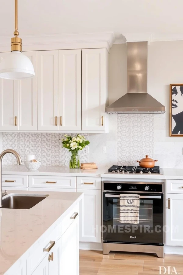 Patterned Backsplash and Art in Neutral Transitional Kitchen