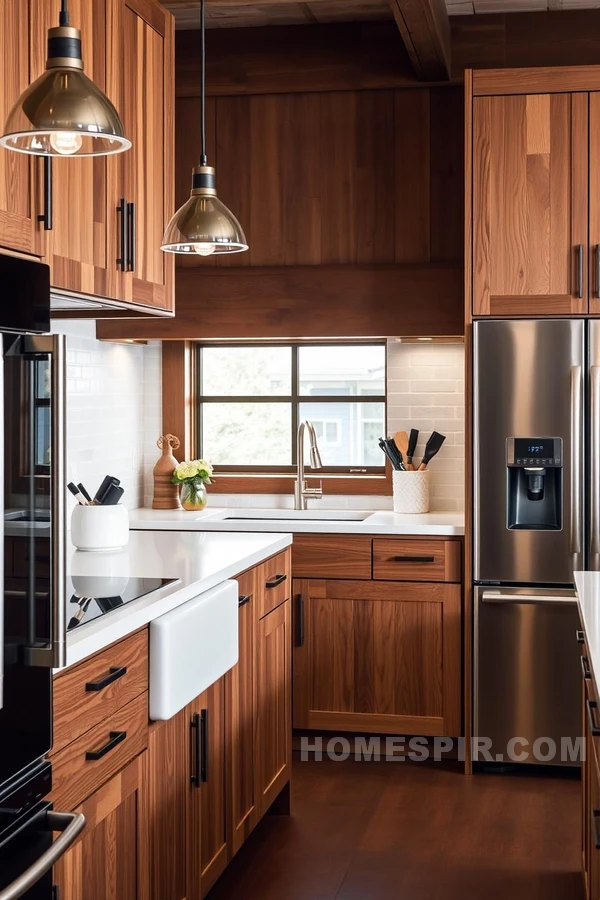 Pendulum Lighting and Wood Cabinet Harmony