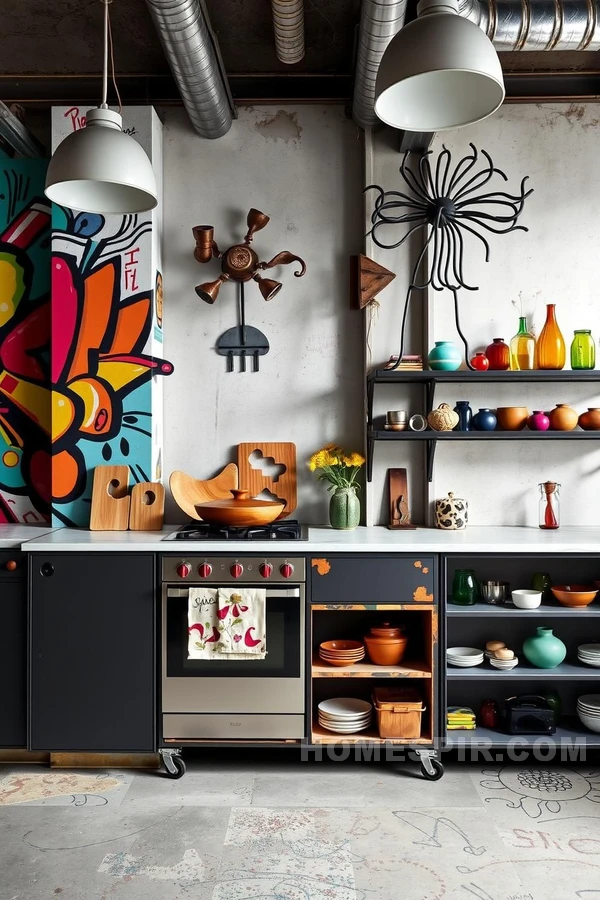 Quirky Ceramics Display in Eclectic Industrial Kitchen