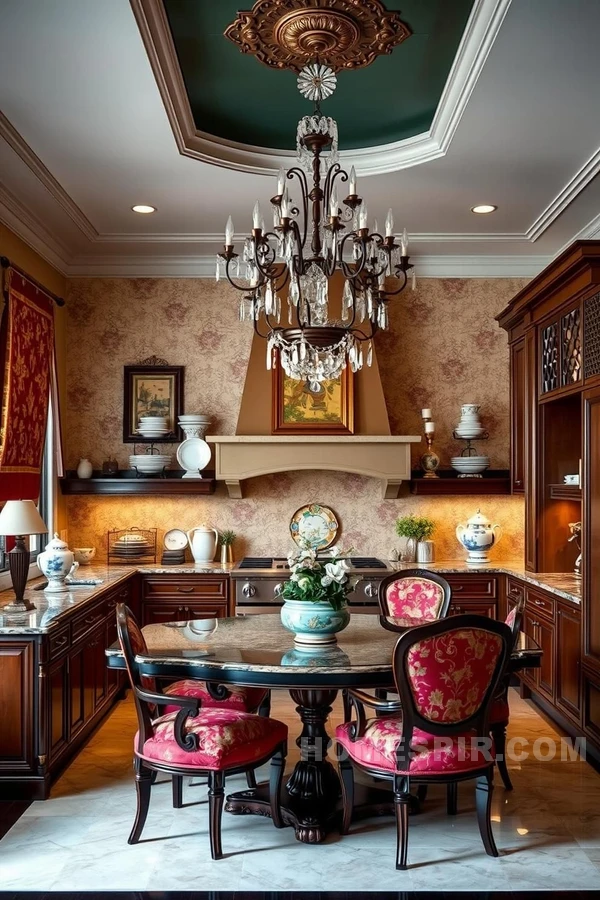 Rich Fabrics and Asian Inspired Chandelier