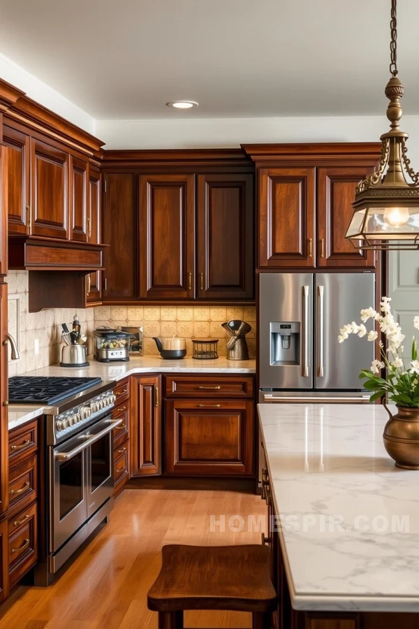 Rich Wooden Cabinets with Brass Accents