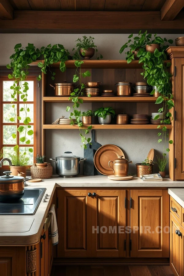 Rustic Elegance with Wooden Cabinets and Copper Cookware