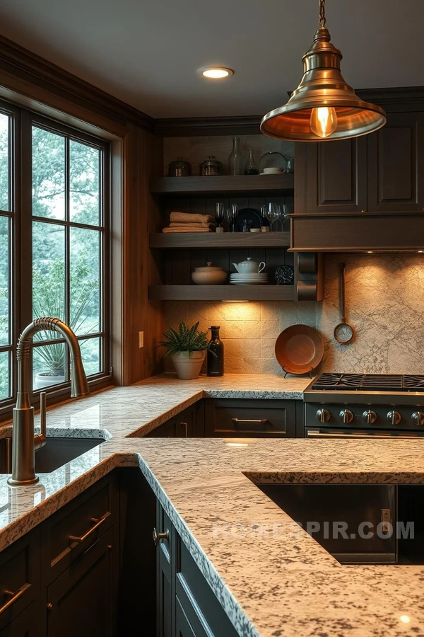 Rustic Kitchen with Brass Fixtures and Granite Elegance