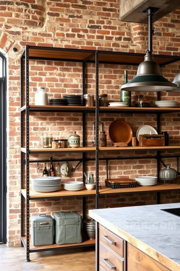 Rustic Metal Shelving and Brick Charm