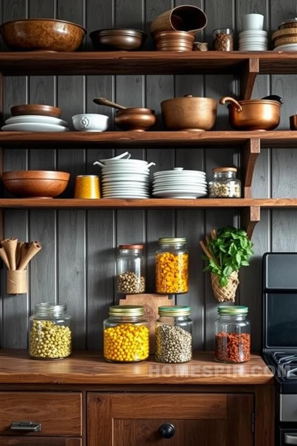 Rustic Shelf Decor with Copper Cookware