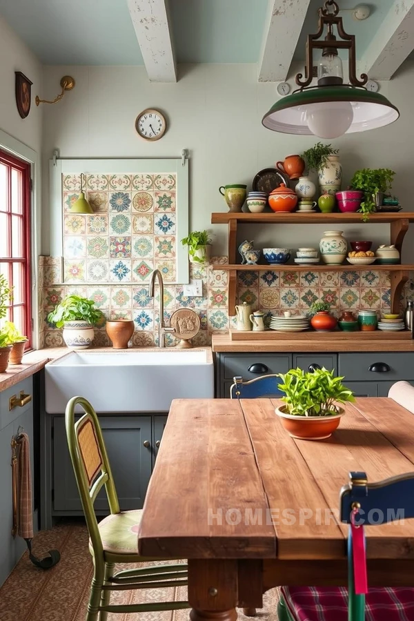 Rustic Shelves and Colorful Pottery in Artisan Design