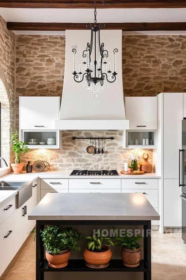 Rustic Stone Walls in Modern Mediterranean Kitchen