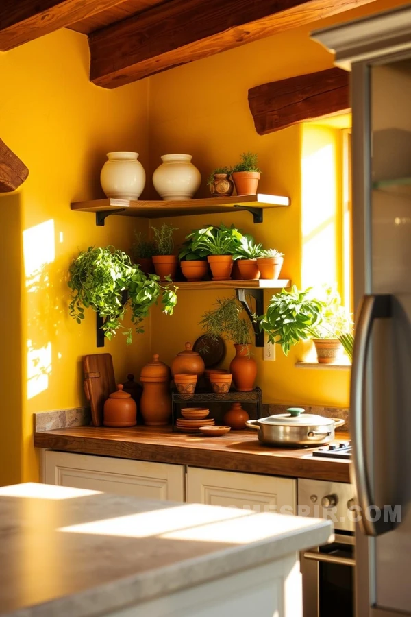 Rustic Wood Beams and Open Shelving