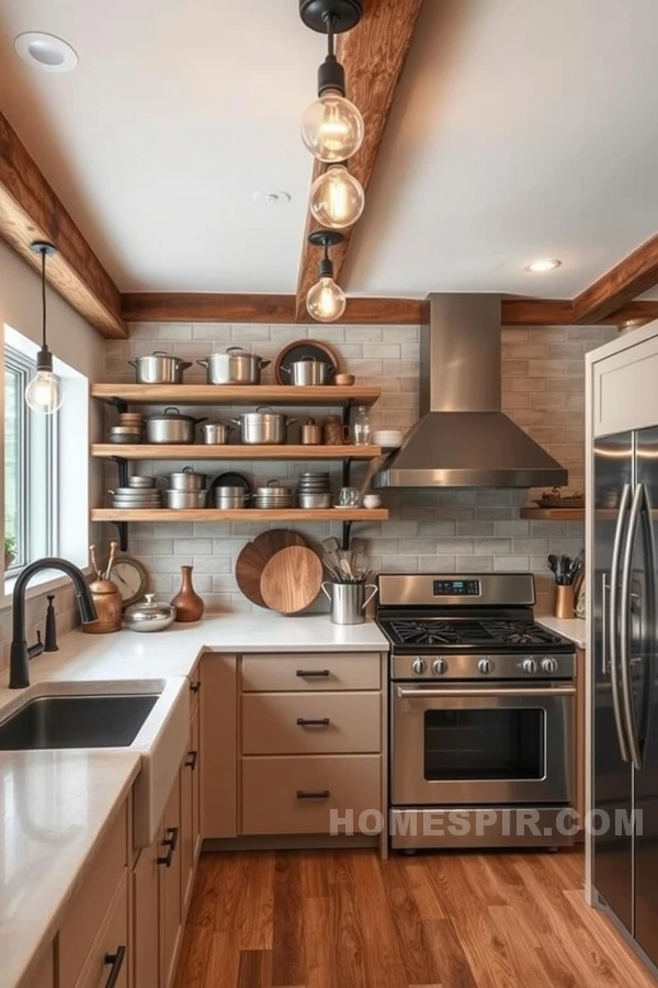 Rustic Wooden Beams and Modern Metals in Kitchen Harmony