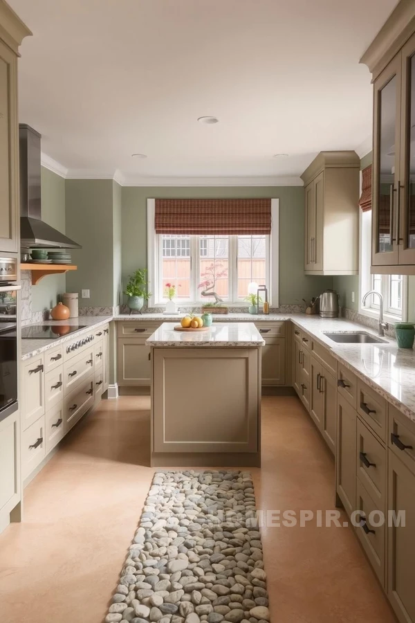 Sage Green Zen Kitchen with Pebbled Paths