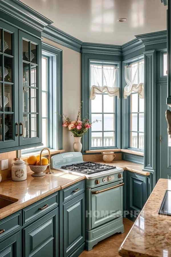 Sandy Beige Countertops in Coastal Victorian Kitchen