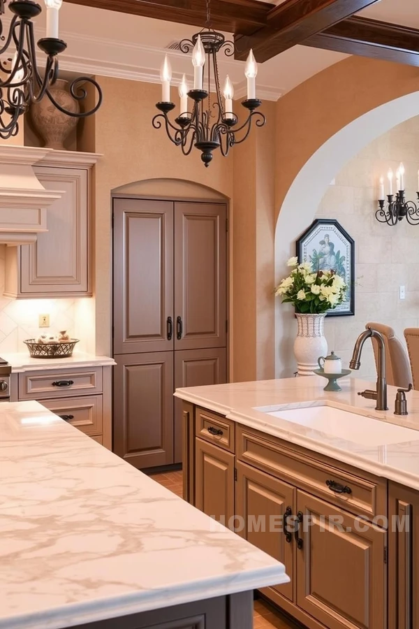 Sandy Hues and Marble Luxury in Mediterranean Kitchen