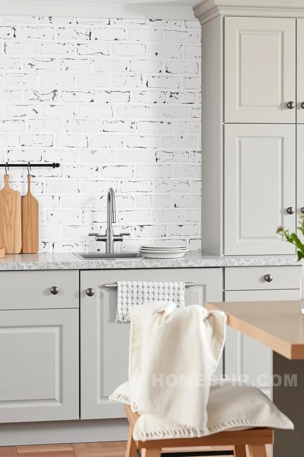 Scandinavian Kitchen with Whitewashed Brick Backsplash