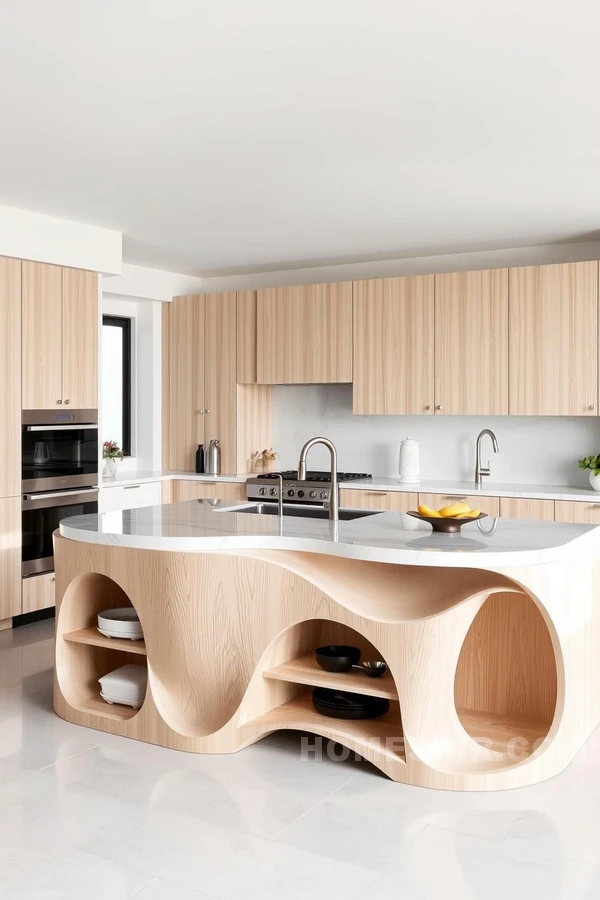 Sculptural Kitchen Island with Open Shelves