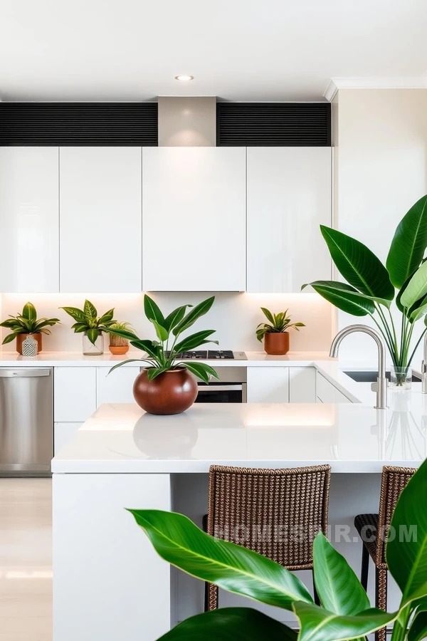 Sleek White Design with Exotic Plant Elegance