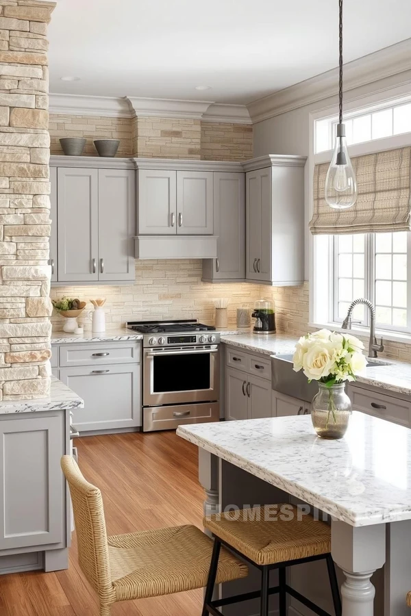 Soft Grey Cabinets and Granite Countertops in Kitchen Design