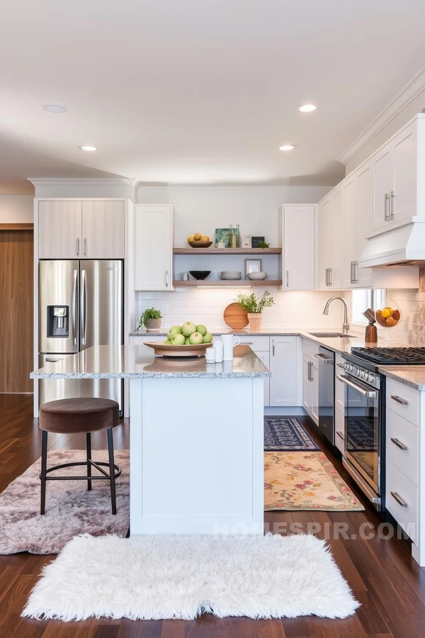 Soft Lighting and Velvet Bar Stools in Kitchen