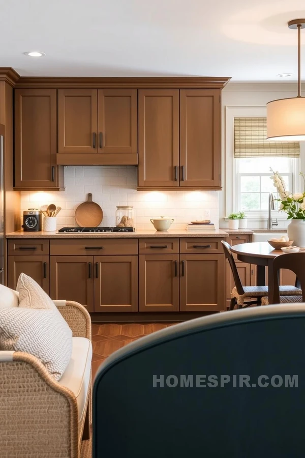 Soft Lighting and Woven Accents in Modern Kitchen