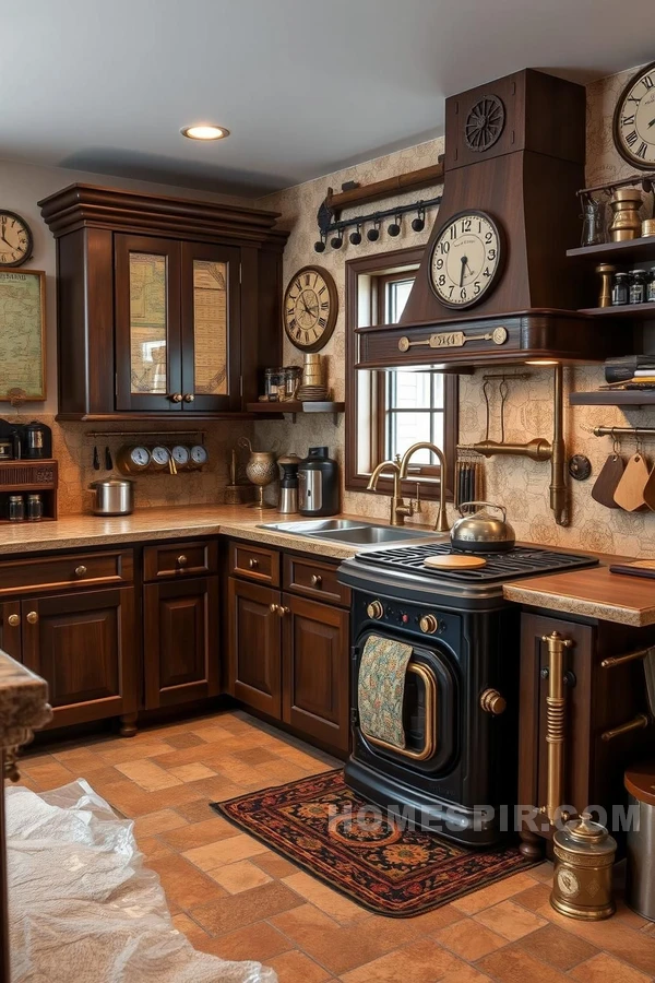 Steampunk Kitchen with Brass Gears and Pipes