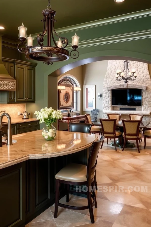 Stone Fireplace in Luxurious Mediterranean Kitchen