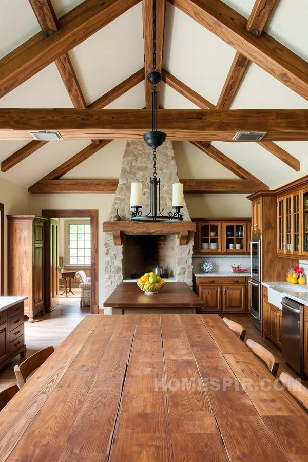 Stone Fireplace in Traditional Colonial Kitchen