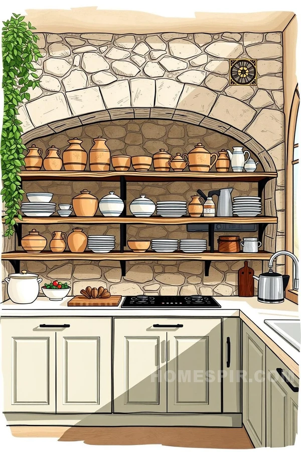 Stone Wall Kitchen with Contemporary Open Shelving