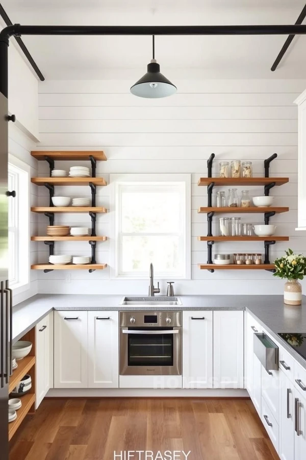 Streamlined Farmhouse Kitchen with Pipe Supported Shelves