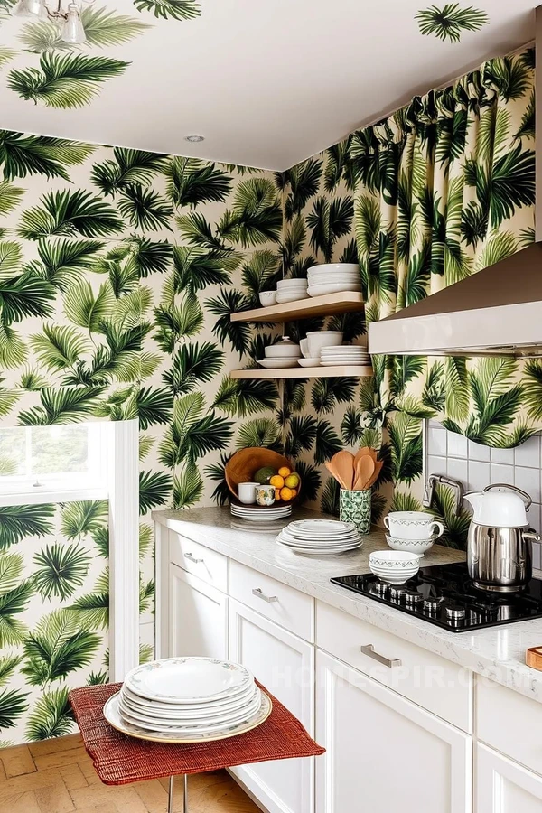 Striking Botanical Wallpaper in Tropical Kitchen