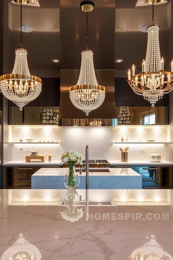 Striking Chandelier in Modern Glamorous Kitchen