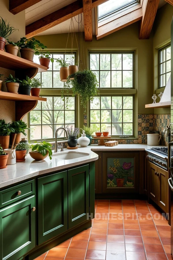 Terracotta Flooring and Herb Decor in Kitchen