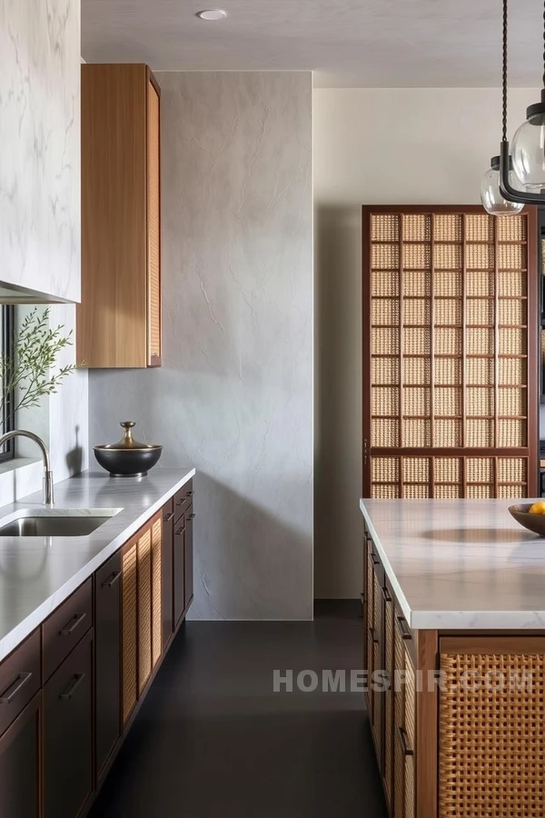 Textured Asian Kitchen with Rattan and Stone