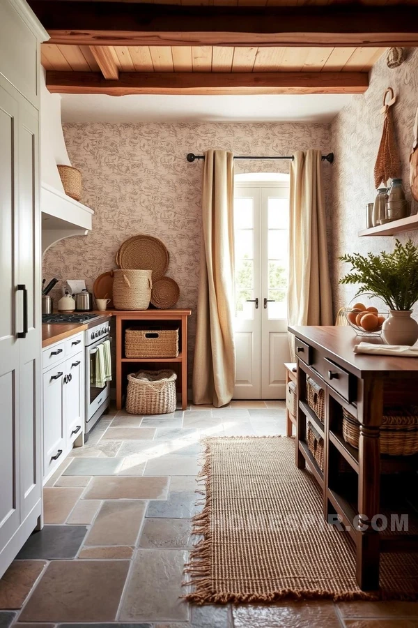 Textured Cottage Kitchen with Stone Tile Flooring