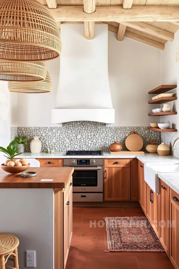 Textured Tropical Beach Kitchen with Pebble Backsplash