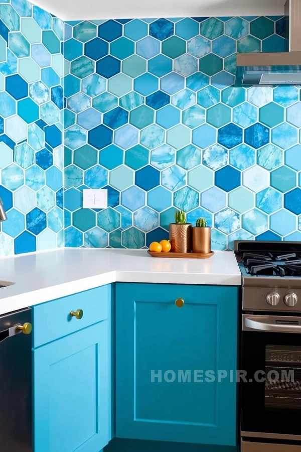 Tiled Wall and Hexagon Cabinet Handles